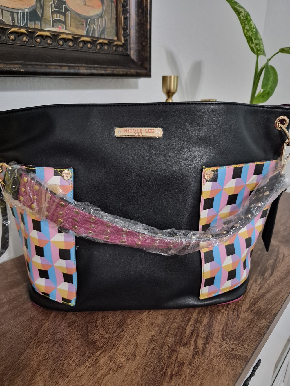 Nicole Lee Black Tote with Multicolor Geometric Accents